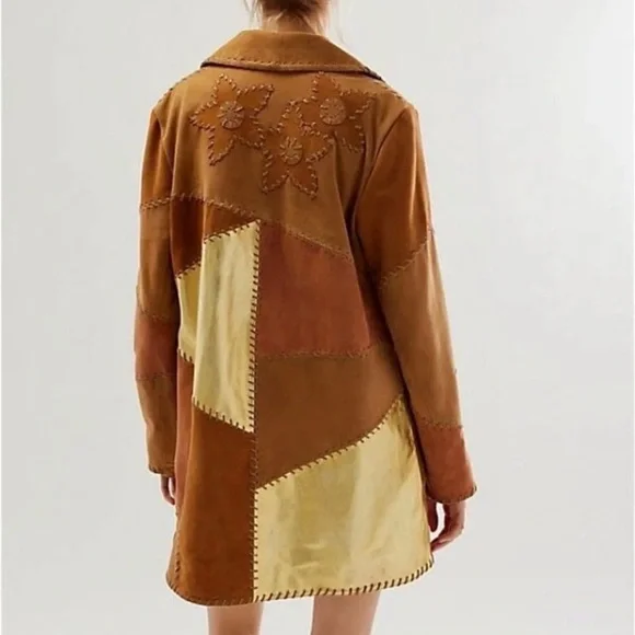 Free People Patchwork Leather Jacket in Tan and Cream